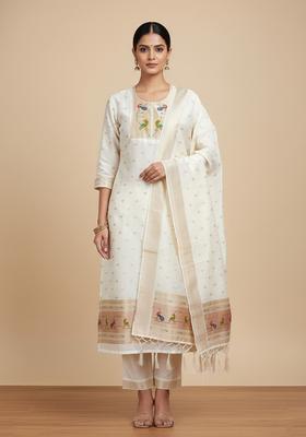 White Embroidery Silk Kurta Set
