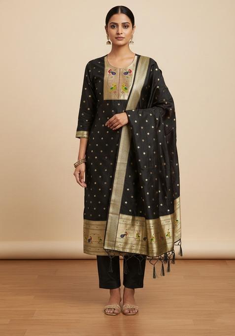 Black Embroidery Silk Kurta Set