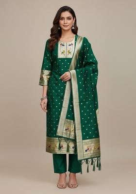 Green Embroidery Silk Kurta Set