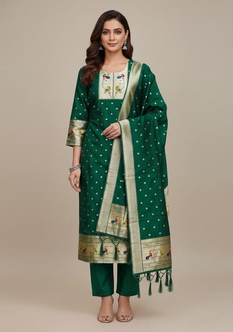 Green Embroidery Silk Kurta Set