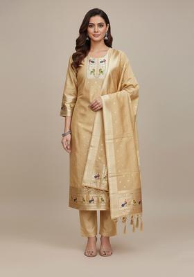 Off White Embroidery Silk Kurta Set