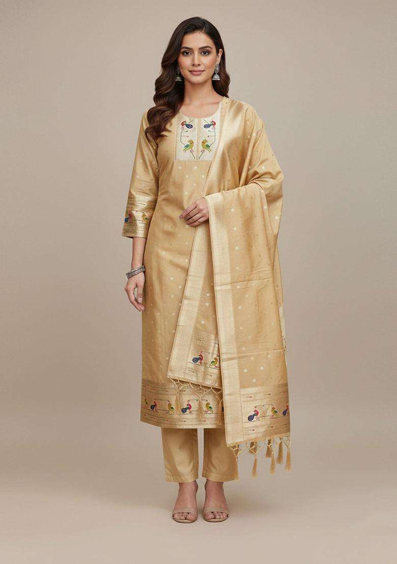 Off White Embroidery Silk Kurta Set - Indya