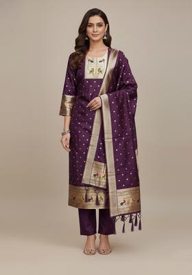Purple Embroidery Silk Kurta Set