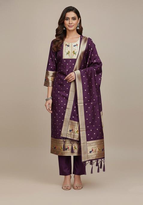 Purple Embroidery Silk Kurta Set