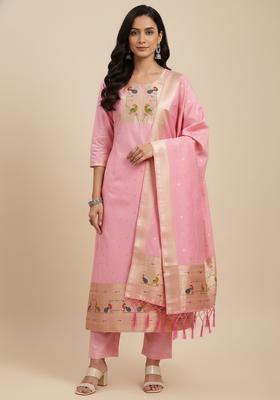 Peach Embroidery Silk Kurta Set