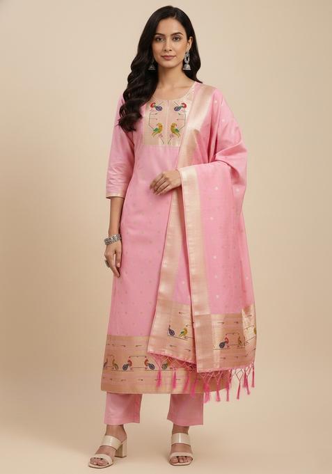 Peach Embroidery Silk Kurta Set