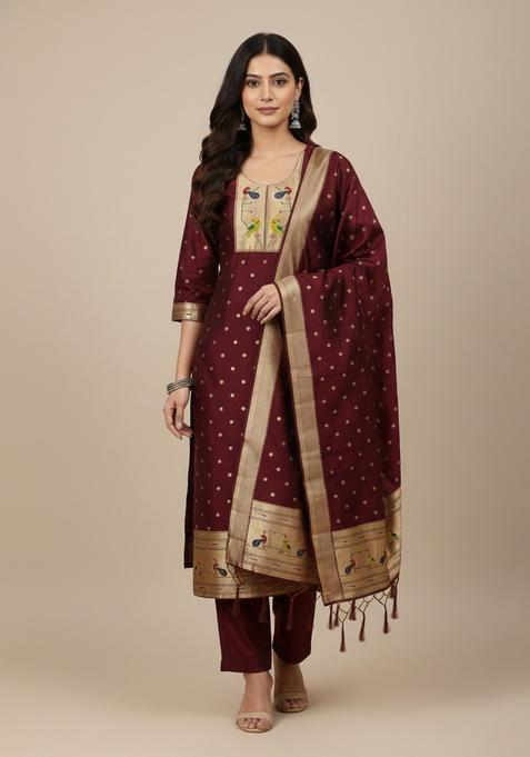 Brown Embroidery Silk Kurta Set