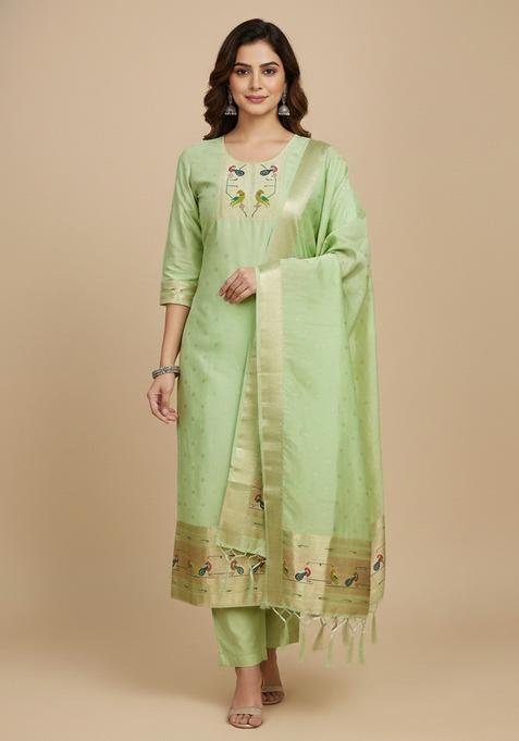Mint Green Embroidery Silk Kurta Set