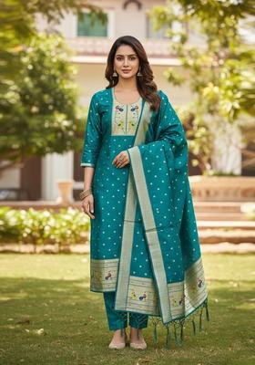 Navy Blue Embroidery Silk Kurta Set