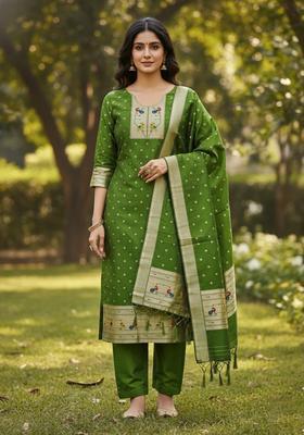 Green Embroidery Silk Kurta Set
