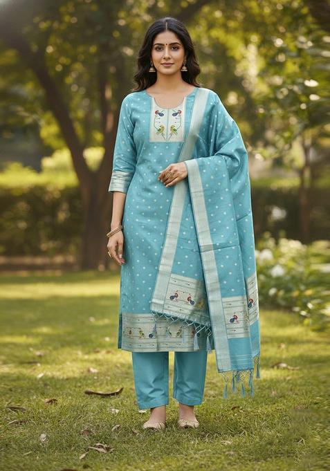 Light Blue Embroidery Silk Kurta Set