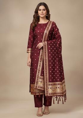 Maroon Embroidery Silk Kurta Set