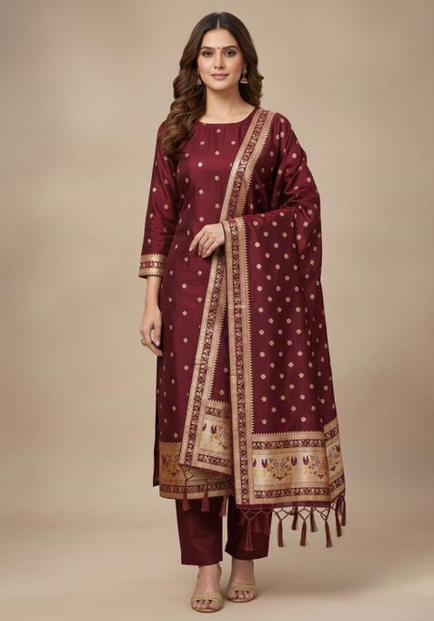 Maroon Embroidery Silk Kurta Set