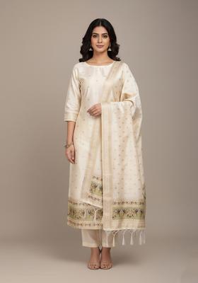 White Embroidery Silk Kurta Set