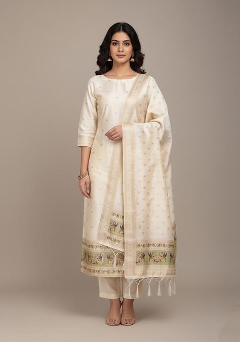 White Embroidery Silk Kurta Set