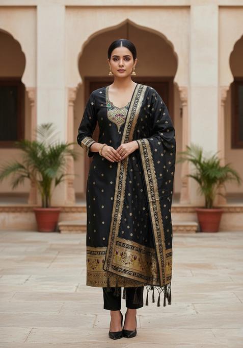 Black Embroidery Silk Kurta Set
