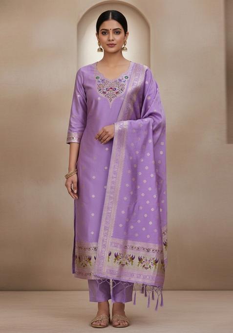 Lavender Embroidery Silk Kurta Set