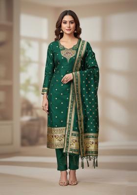 Fluorescent Green Embroidery Silk Kurta Set