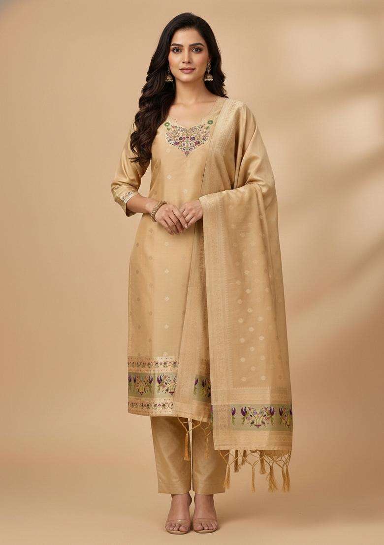 Yellow Embroidery Silk Kurta Set - Indya