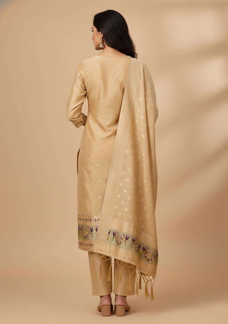 Yellow Embroidery Silk Kurta Set - Indya