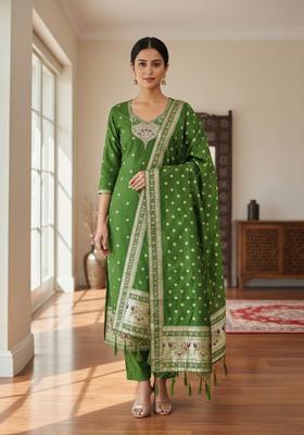 Mint Green Embroidery Silk Kurta Set