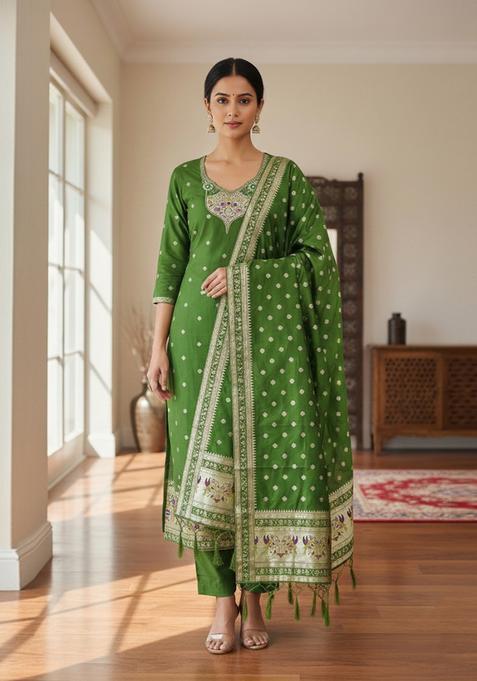 Mint Green Embroidery Silk Kurta Set