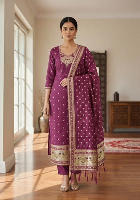 Maroon Embroidery Silk Kurta Set