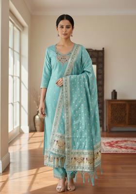 Blue Embroidery Silk Kurta Set