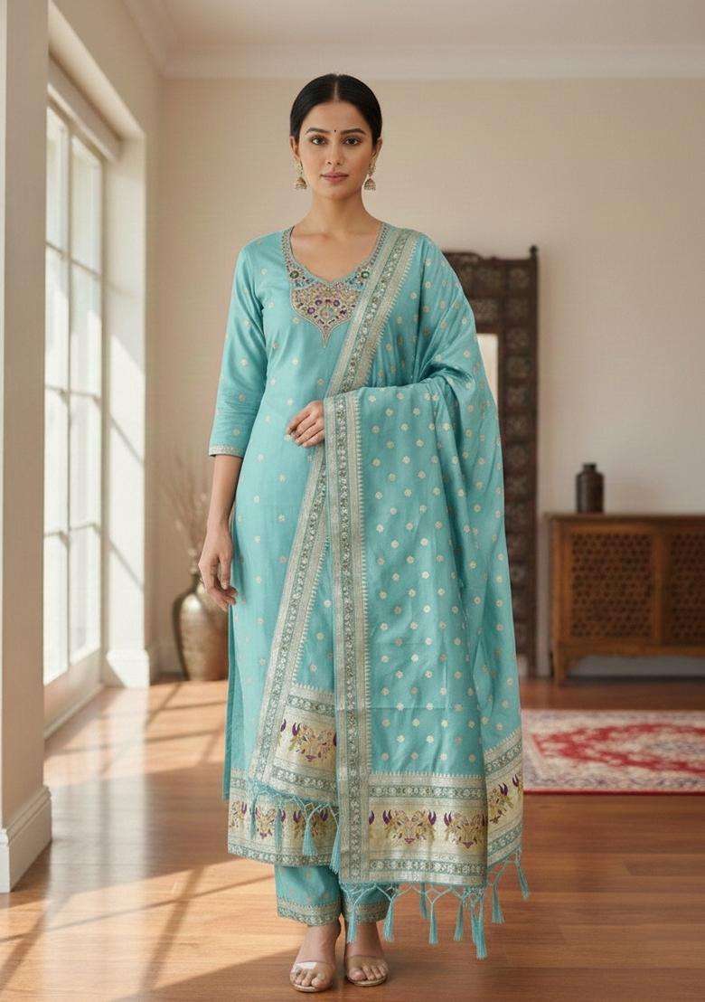 Blue Embroidery Silk Kurta Set - Indya