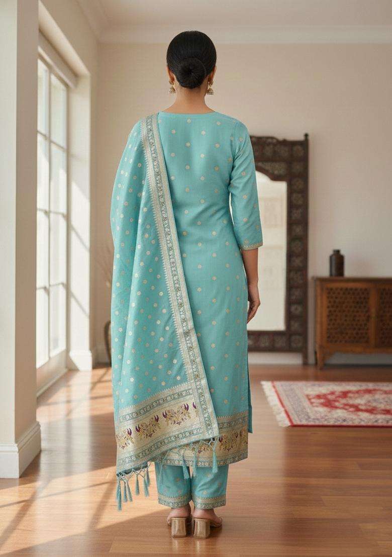 Blue Embroidery Silk Kurta Set - Indya