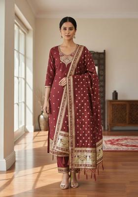 Red Embroidery Silk Kurta Set