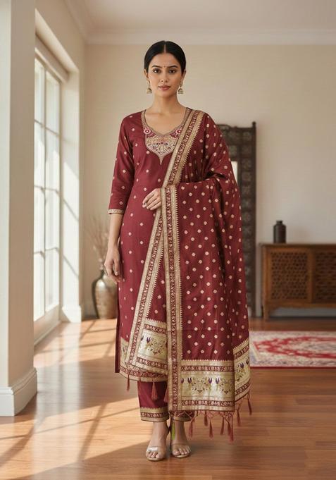 Red Embroidery Silk Kurta Set