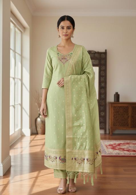 Fluorescent Green Embroidery Silk Kurta Set