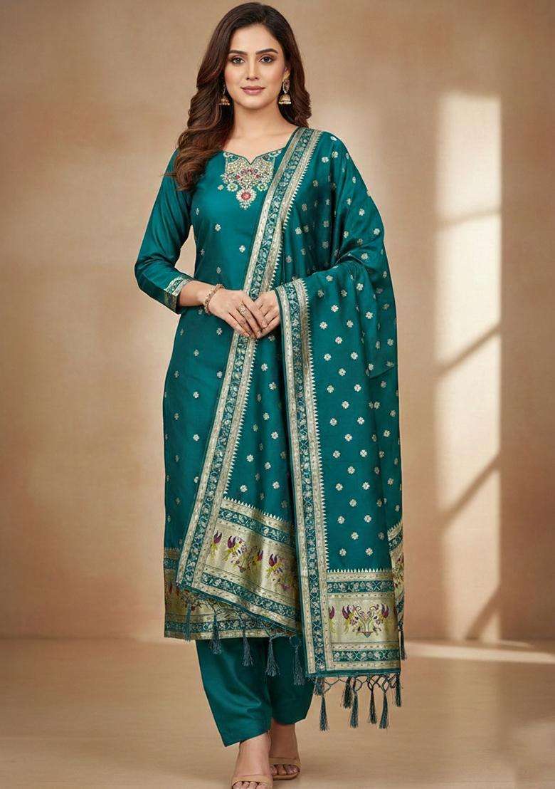 Navy Blue Embroidery Silk Kurta Set - Indya