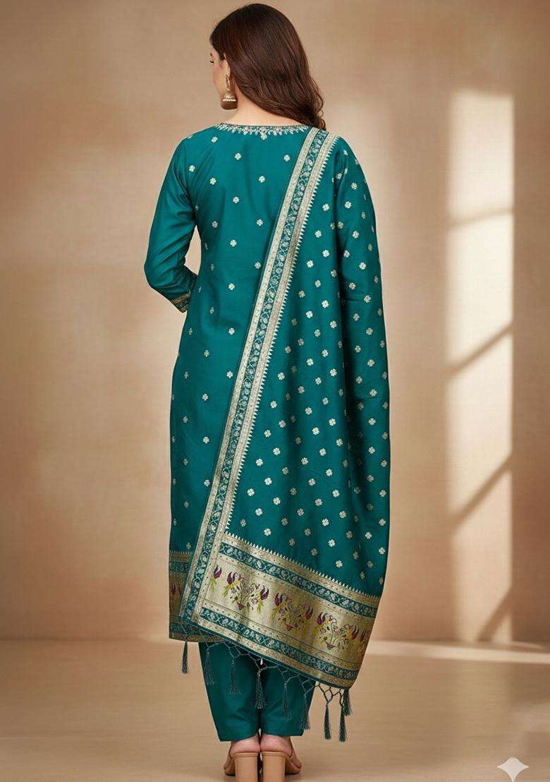 Navy Blue Embroidery Silk Kurta Set - Indya