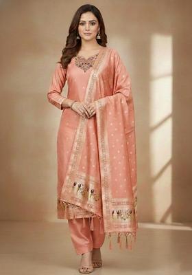 Orange Embroidery Silk Kurta Set