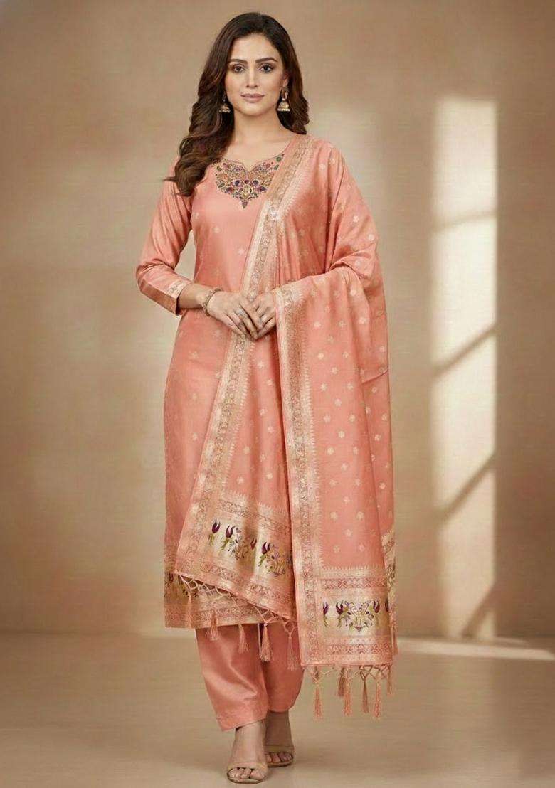 Orange Embroidery Silk Kurta Set - Indya
