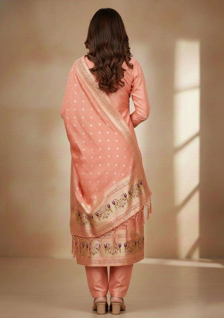 Orange Embroidery Silk Kurta Set - Indya