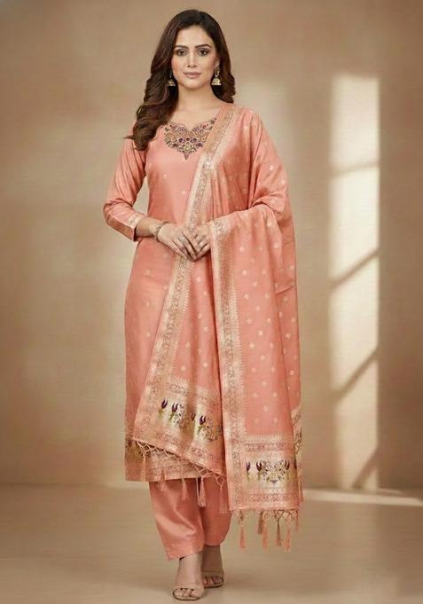 Orange Embroidery Silk Kurta Set