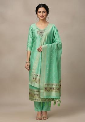 Fluorescent Green Embroidery Silk Kurta Set