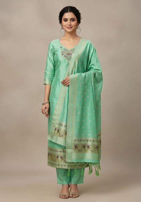Fluorescent Green Embroidery Silk Kurta Set