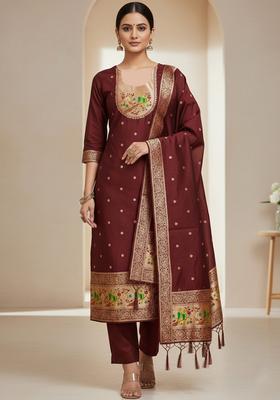 Maroon Embroidery Silk Kurta Set
