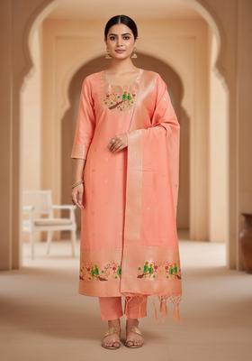 Peach Embroidery Silk Kurta Set