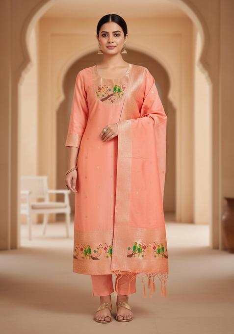 Peach Embroidery Silk Kurta Set