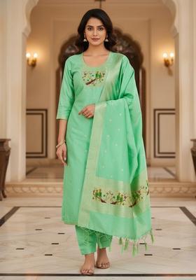Sea Green Embroidery Silk Kurta Set