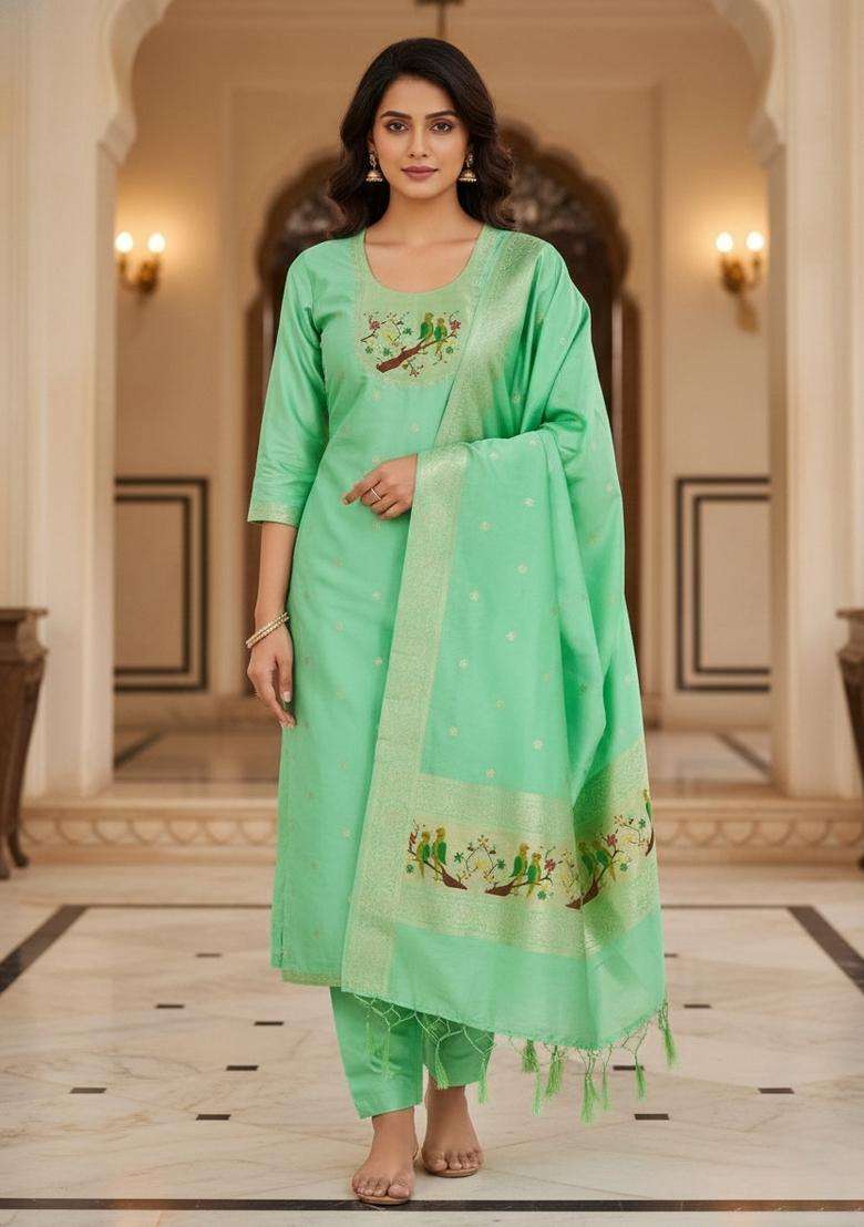 Sea Green Embroidery Silk Kurta Set - Indya