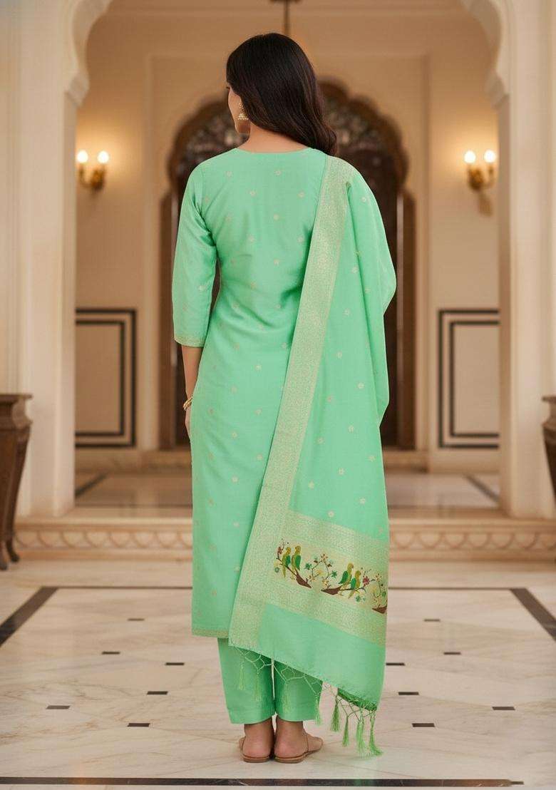 Sea Green Embroidery Silk Kurta Set - Indya