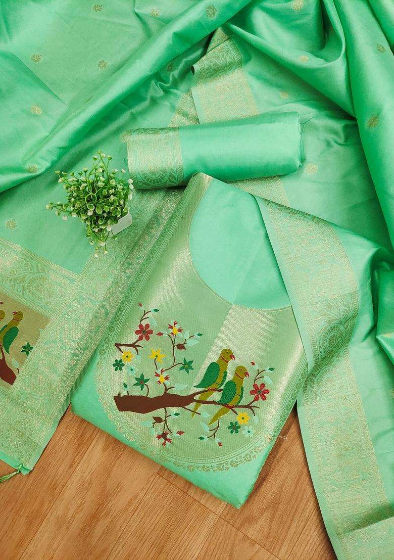Sea Green Embroidery Silk Kurta Set - Indya