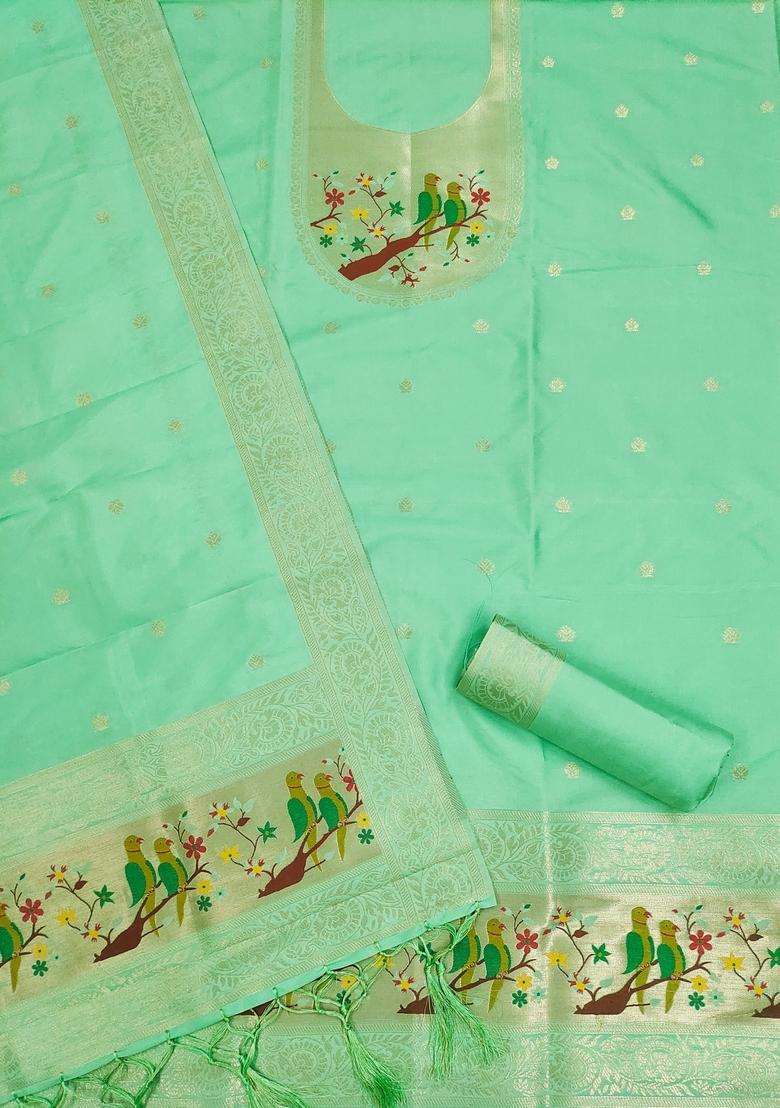 Sea Green Embroidery Silk Kurta Set - Indya