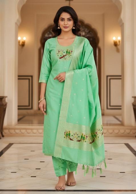 Sea Green Embroidery Silk Kurta Set